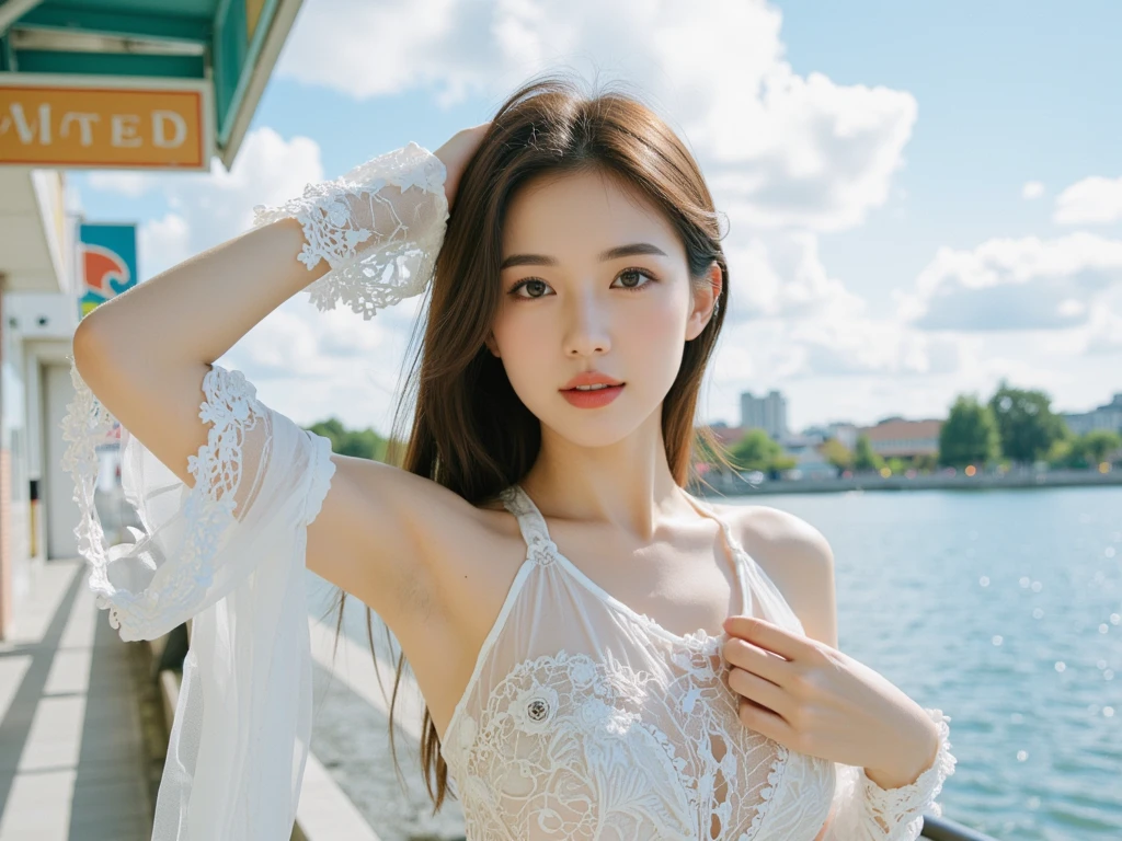 Beautiful and attractive woman in fashion trends, whole body: 1.6, Holding flowers, Random Hairstyles, sit under a parasol, By boat, Tight slip dress in random colors, Hair blowing in the wind, Blue sky and white clouds, Delicate and sexy collarbone, Cover your chest, Attractive goose face, double eyelid, Clever pink eyes, pink lips, small, upturned nose, Exposing shoulders, Concentrated face, Face close-up, Ultra-high resolution, Super Detail, Ultra-thin transparency, Fresh and delicious, See-through, pink