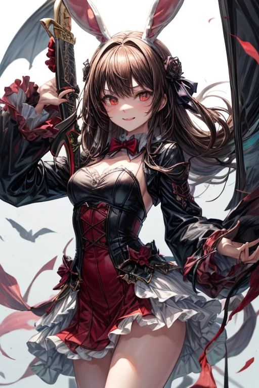 (best quality,4k,8k,highres,masterpiece:1.2),ultra-detailed,(realistic,photorealistic,photo-realistic:1.37),Female,Anime,long bright brown hair,ruby colored eyes,red blush marks,black lipstick,happy face,vampire dress,soft and flowing fabric, ethereal atmosphere, elegant pose, moonlit garden, mystical background, tranquil setting, magical lighting, vivid colors