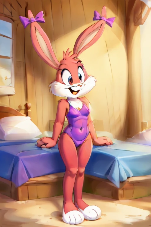 Babs, bunny, girl, standing, blue eyes, rabbit teeth, pink nose, pink body, pink head, pink ears, pink legs, white cheeks, white feet, erect ears, nude body, purple bows on the ears, standing, hands behind your back, mouth open, looking at viewer, young, , dwarf, legs without knee, girls room, sittin, on bed, spread legs, pussy, pussy juice, nipples
masterpiece, detailed, detailed background, 8k, 4k, detailed shaders