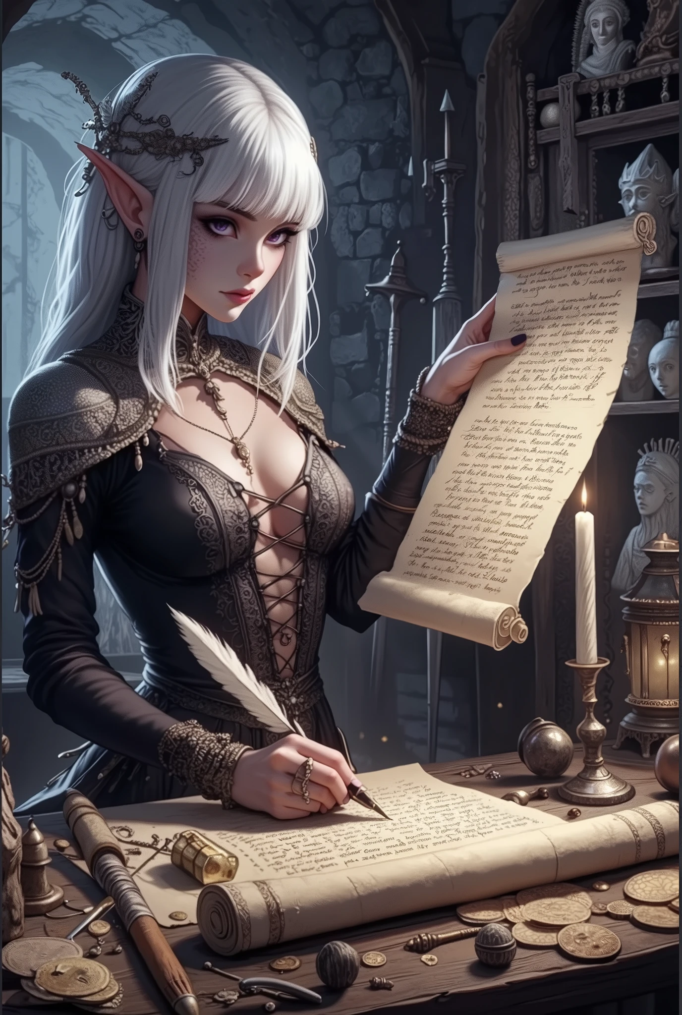 { - anatomy error} (Masterpiece - Ultra-detailed, very high resolution) Moonlit night, sexy elf young victorian girl, very big breasts, black dress, victorian dress, sexy see-through underwear with lace, Beautiful Woman, happy face, gray hair, long hair, reading, writing, 1 girl