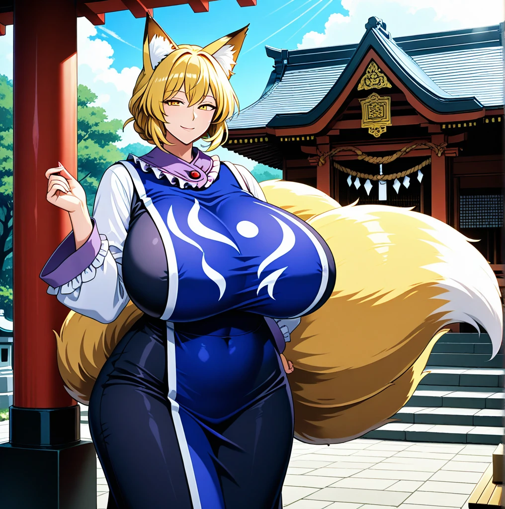 (masterpiece,best quality,very aesthetic),BREAK,solo,1girl,30 years old,curvy,large ,tall,stout build,bewitching,(fox tail),blonde fox ears,short hair,blonde hair,beautiful face,(brown eyes),(half closed eyes:0.5),(messy hair),disheveled hair,hair intakes,(fusion of dark green gradient flower print kimono and pelvic curtain:1.2),(smirk:0.8),comfortable,(holding a bitter gourd,a green aura emanating from bitter gourd),tabi,(japanese shrine,plaza),(scar on cheek,scar on breastsowboy shot,festival,sideways glance