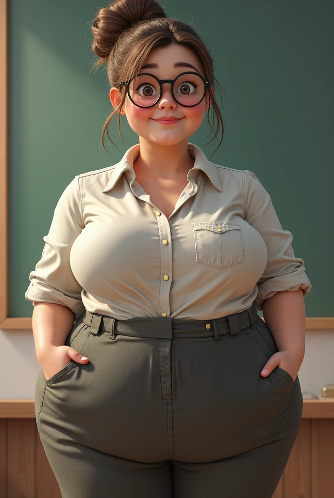 Chubby girl, glasses, curly hair, big breasts, wearing sweater, freckles, she is in library 