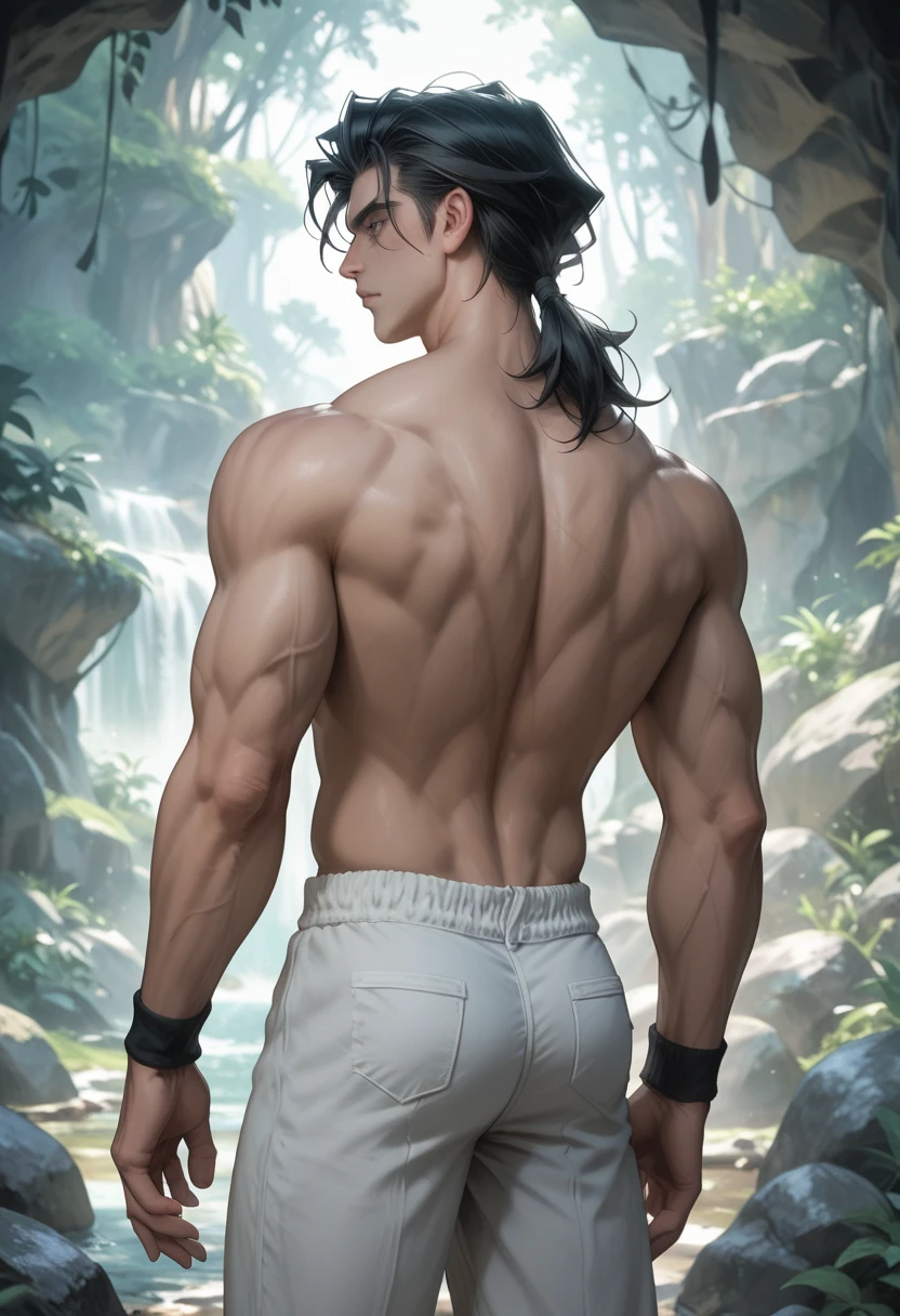 very muscular bull man, big breasts, tight shirt, small horns and bull ears, long bull tail, tight shorts showing bulge, man in forest, sexy bull man