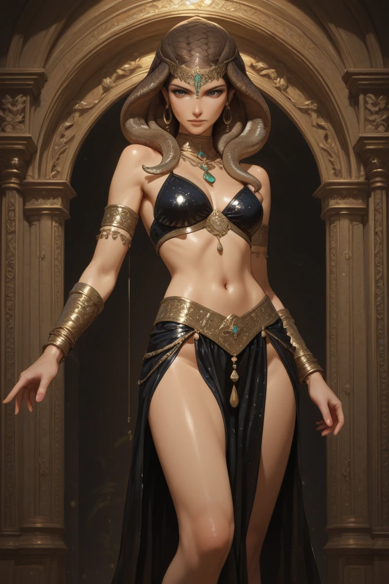 24-year-old Caucasian woman、Hair is brunette、Eye color is blue、Semi-long、Slender but well-proportioned muscular man、My abs are cracked、The belly button is out、a smile、wearing a rosary necklace、accessories on wrist、She's wearing a transparent belly dance costume.、Being barefoot、wearing gorgeous anklets、studio shoot、Art Nouveau background
