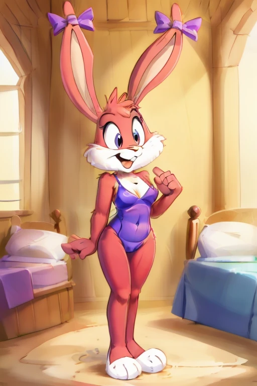 Lola bunny lying in bed in sexy lingerie, smiling seductively, no sweater