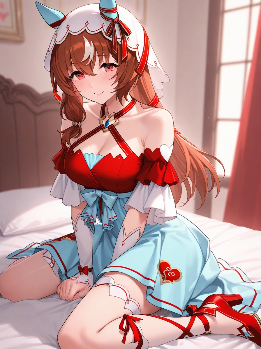 Fluffy hair,dark brown hair,(Braided shorthair),Slightly red tide,((red and white bunny girl cosplay)),(fishnet tights),((stiletto shoes)),(Maid&#39;s headdress with frills),((Collars and chains)),A bedroom with a shiny and naughty atmosphere,((Perspective from above)),the room is filled with steam,((Breasts that are about to spill out of clothes but don&#39;t.)),Looking up and begging face,(sleepy, sullen face)