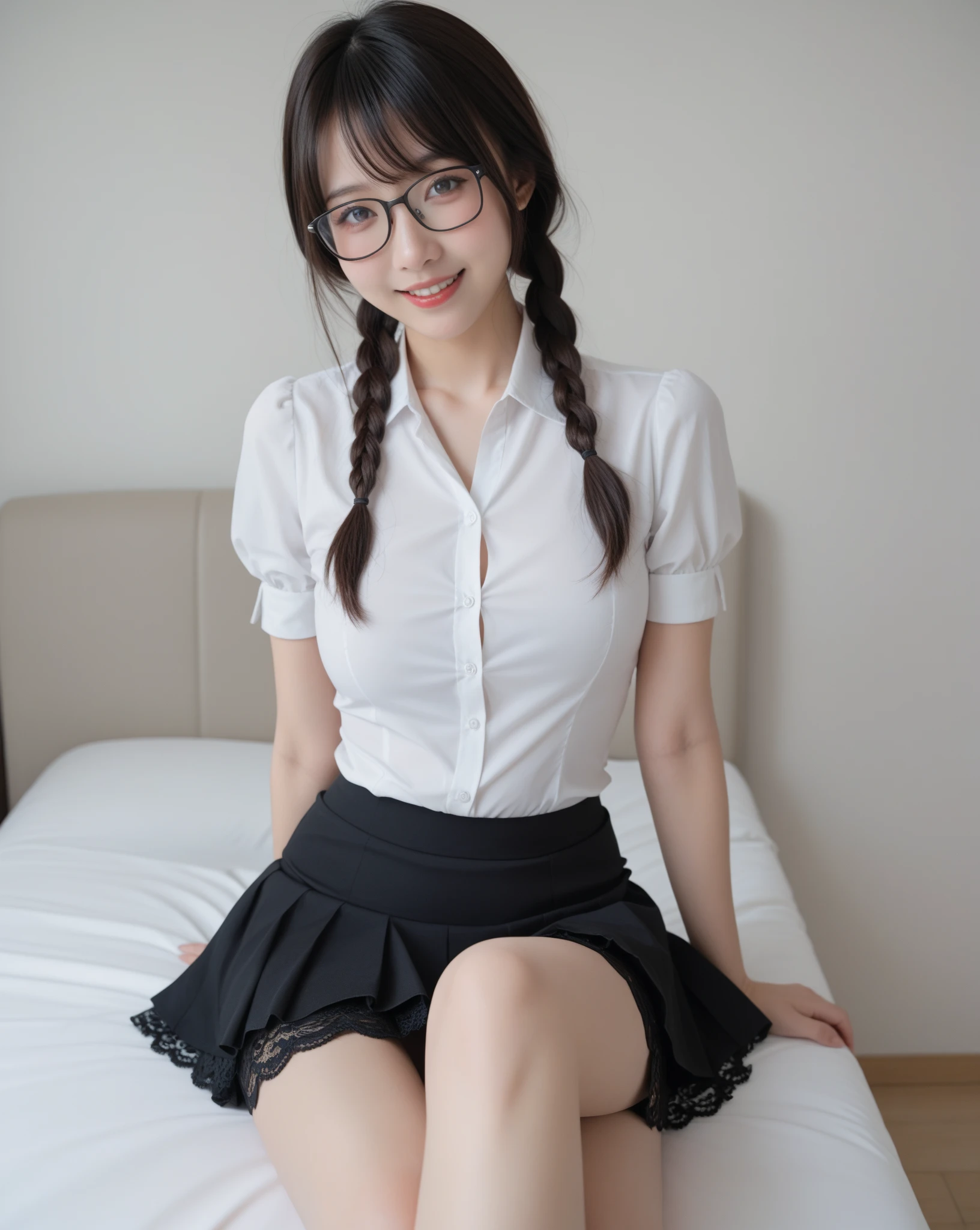 8K RAW photo, high resolution, ful body, 17 year old cool Korean, big round breasts, school uniform, tie, tie ribbon, blazer, skirt, beautiful eyes in detail, long eyelashes, beautiful double eyelids, eye shadow, slit eyes, sanpaku eyes, dark eye makeup, ((wide smile)), beautiful thin leglack ((pantyhose)), black hair, long twintails hair, round, earrings, bed, geek glasses,((kneeling)), spread legs, ((brown loafers)), legs,