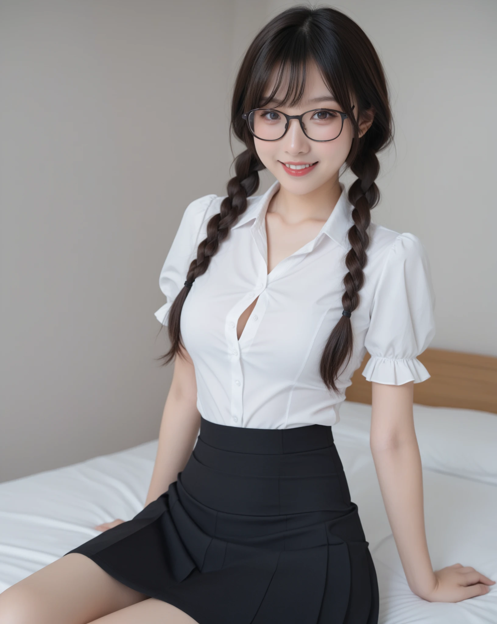 (Best quality, masterpiece, detailed), (RAW, 4k, hd images), 1 girl, 17 years old, white skin, long hair, ponytail, layers hair, bangs, black hair, beautiful girl, cute girl, sweet girl, pretty girl, perfect girl, perfect body, pretty eyes, blue eyes, thin lips, (eye line, lip soft), perfect round breast, glasses(detailed frame), simple background, smile, thigh, legs, school uniforms, full body, modeling pose, free style pose, random angle capture