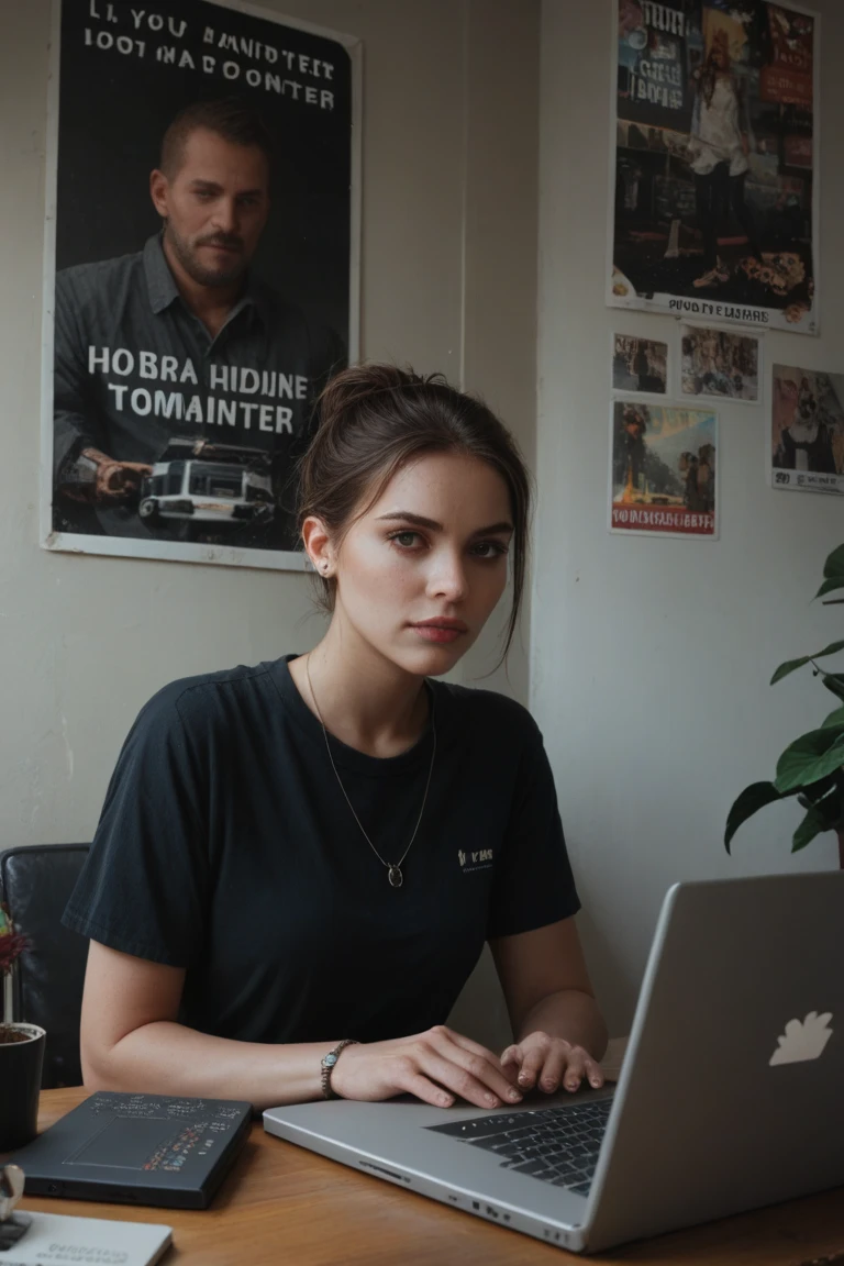 25 Jahre, mittelbraunen Haare, 8k, High Resolution, sitzt im cafe mit einer tasse tee, laptop auf dem tisch