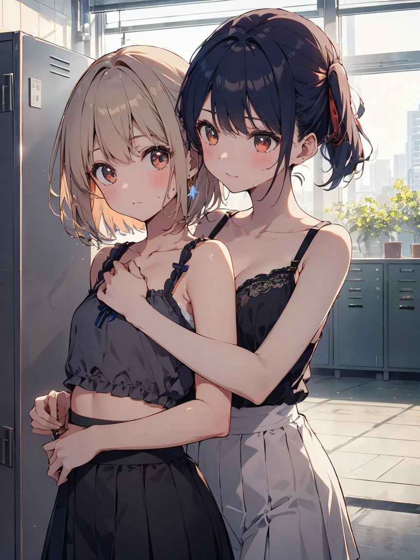 (highest qualityのイラスト:1.2), (cute girl:1.1), (1 girl, alone:1), (2 girls、8-year-old、、、small、cute、cute、small胸、Very detailedな目:1.2)、(Yuri、kiss、Hug from behind、grab、eyes half closed、eye contact:1.Sweat、I was embraced、blush:1.1)、 break White Bra、ピンクのgood、Blue Bra、Green bra、Grey Bra、light Grey Bra、 Striped bra、水玉模様がgood、goodチェック柄、cute、good、kids good、sporty、camisole、Cotton panties、School Skirt、Blake Black Hair、Blue Hair、Brown Hair、extra belly short hair、short hair、Middle Hair、Hair length、Wavy Hair、Curly Hair、Pale pink braids、Princess Cut、Bobcut、Twin tails、低いTwin tails、ponytail、ライトブルーのローponytail、break(locker room:1.2)、(evening、evening、Orange sunlight:1.2)、 break(highest quality、Very detailed、Very detailed and beautiful、超A high resolution、Arm details:1.2)、Browsing Caution Beautiful Pool