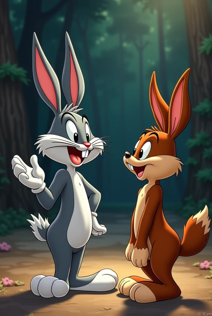 Bugs Bunny with Lola Bunny scared, in a blackout, There is no light, anime style, Beautiful , realist, Beautiful body, hugged, inside his burrow, window, rain, We are scared, lightning