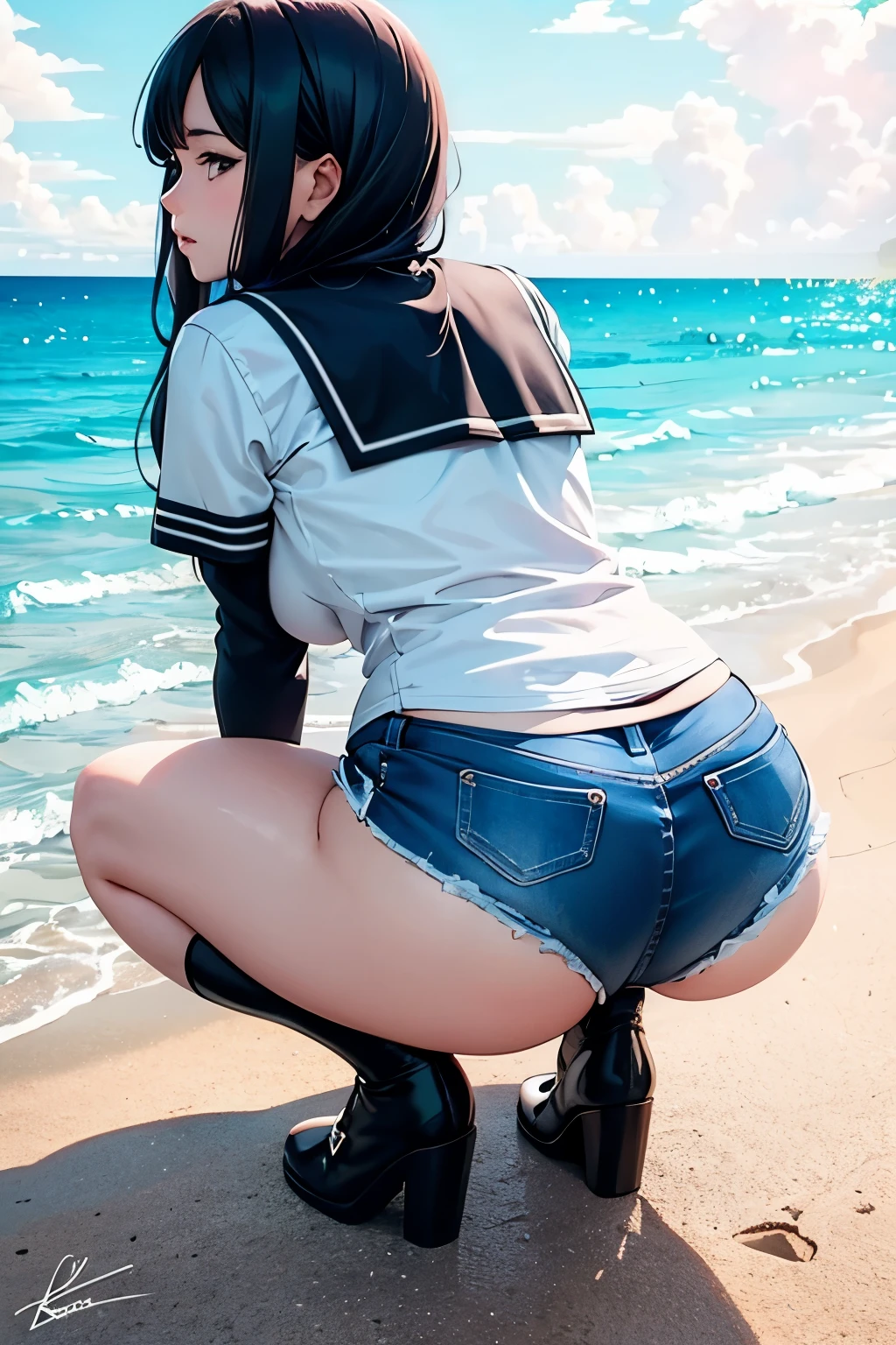 (highest quality,4K,8K,High resolution,masterpiece:1.2), sailor high leg bikini, (butt focus, From the back, Look back:1.2), ass and ass