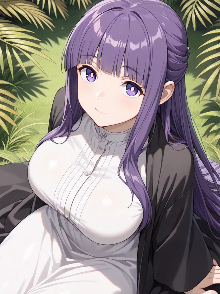 a woman in a black and green dress, purple hair, orange eyes, in a garden, smiling