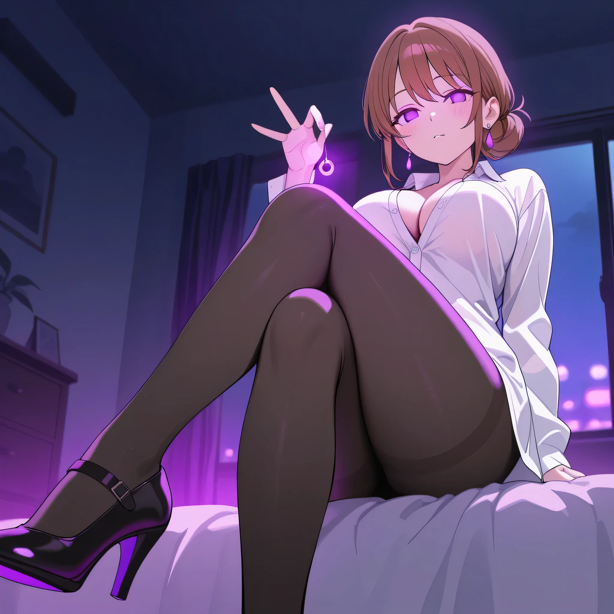 score_9, score_8_up, score_7_up, 1girl, solo, (top quality, 8k), high resolution, smooth, best quality, highly detailed, looking at viewer, bedroom at night, window with purple light, (dark room), ((from below)), large breasts, covered breasts, glowing hypnotic waves in the background, at night, ((perfect hands)), beautiful hands, ((slim fingers)), expressionless, masterpiece, high quality, absurd resolution, beautiful hands, arm raised up, holding pendulum, hypnotizing viewer, smiling, blush, hypnotic eyes, glowing purple eyes, empty eyes, naked shirt, v-neck white shirt, cleavage, see-through silhouette, black pantyhose, perky breasts, high heels, being hypnotized, full body shot, holding pendulum, sitting on bed, crossed legs, jewelry, earrings, Yuigahama mom, brown hair, low bun, very thin legs, long legs