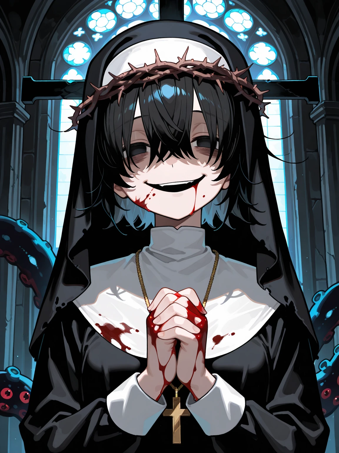 Masterpiece, best quality, 1girl, nun, pale skin, red eyes, sinister smile, blood in mouth, blood on clothes, rosary, cross, gothic church, (ghosts), dark, [kase daiki:anato finnstark, iuui:0.2]