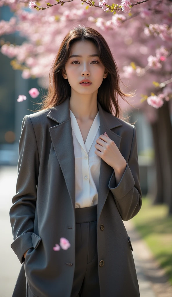 Woman in a suit standing on the sidewalk,((20-year-old woman))、small Breasts、Dark brown hair color、Hairstyle with bangs、Various hairstyles、Hairstyles of different lengths、(8k, RAW Photos, highest quality, Tabletop: 1.2),、(Realistic, Realistic: 1.3), Cityscape, Day, Sunny Morning, Professional Lighting, Photon Mapping, shirt, (Woman in a suit,) Silk Suit、Tight mini Skirt、((Delicate photo)),(Detailed RAW Photos of Girls), (Tabletop:1.25), (highest quality:1.6), (超A high resolution:1.5), (Realistic:1.75), 8k resolution, Canon EOS R5, 50mm, absurdes, Ultra-detailed,Cinema Lighting, (Skirt Lift:1.5)、the wind is strong、smile、Skirt flipped up, ((openclotch_panties)), nsfw, beautiful pussy,