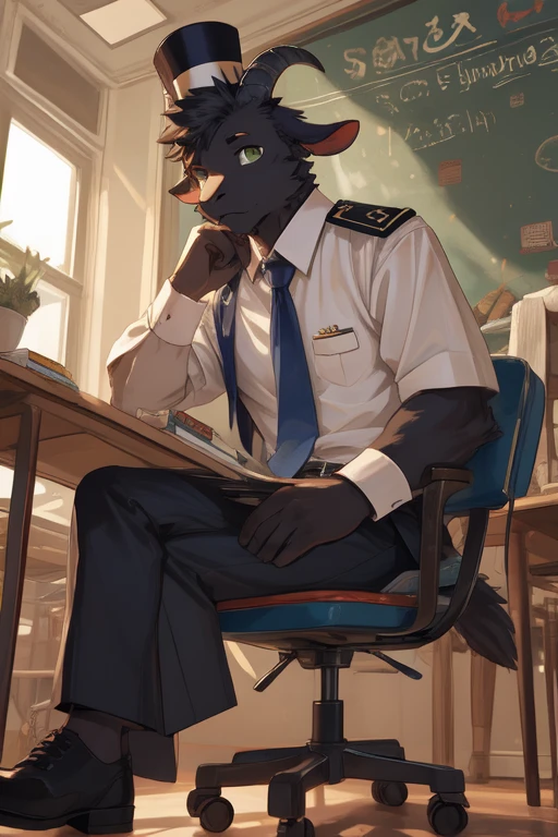 masterpiece, score_9_up, score_8_up, score_7_up, score_6_up, (best quality:1.1), ultra-detailed, high resolution, solo, Sinister Serov, pony, mlp, feral, thin eyebrows, blue eyes, stallion, male, pony ears, black ear fluff, black skin, black mane, curtain bangs, tail, full dressed, black suit, red tie, detailed facial features, expressiveh, highly visible, sharp focus, anatomically correct, detailed background, black indoors, modern times, home, metal table, sitting, leaning on table, bookshelf, armchair, books, lamp on table, three quarter view, expressiveh, highly visible, sharp focus, anatomically correct