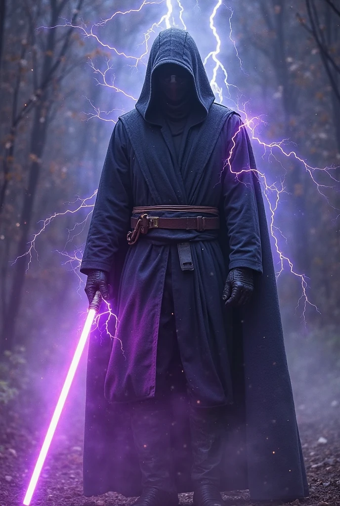 A Sith from Star Wars, thin grey Skin, red lightning in his hand, kills 4 other Sith, black cloak with hood, dark atmosphere, scary, frightening, ultra realistic