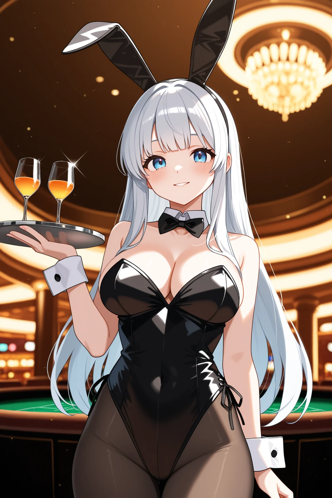masterpiece,highest quality,32K,ultra detailed,young woman,light brown eyes,light makeup,full breasts,cleavage,fair skin,shiny skin,happy smile,silky hair,bangs,long hair,straight hair,ponytail,blonde,playboy bunny,black rabbit ears,black leotard,white pantyhose,bowtie,wrist cuffs,casino