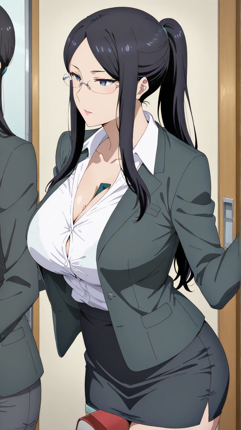 professional artwork, complex parts, line of sight, sharp focus, Detailed painting, photorealistic lighting, trending on Pixiv,(masterpiece:1.0),(best_quality:1.0), Ultra high resolution, ultra detailed, photo, 8 k, HDR, A high resolution, absurdity:1.2, 400 for the Kodak port, Granularity, sharp focus, hips:1.2, lens flare, (bright_color:1.2), (((in room, dark night area))), Annerose, 1 girl, mature woman, ((long hair, black hair:1.4)), (yellow eyes), big breasts, ((formal office suit:1.4)), soft skin, hair fences, (One:1.4), (upper body, covered chest, side boobs), seductive, hairy pussy, stockings, naked, legs spread