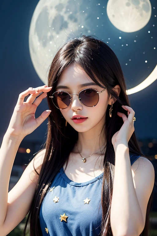 （high-school sweater：1.4）， （innocent and classy girl：1.3）， （Double ponytail hairstyle，cabelos preto e longos）， Very detailed face and skin texture， Detailed black eyes， 二重まぶた， Pale cheeks， Glossy glossy skin， Moist eyes：1.2， Shiny little neckless and earrings， Glossy lips：1.4， White skin of the：1.2， （from above distance： 1.3））， （sweetsmile：1.2）， （looking at viewert）， （tiny mouth：1.2），（Walking by the beach：1.2），sunglasses on head，Full body photo，