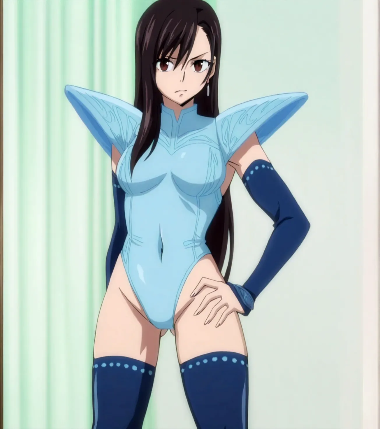 ((highest quality)), ((masterpiece)), (animation illustration), (black bikini, elbow gloves, boots, heroes belt, eye mask), looking at the viewer with a smile, Tattoo on left shoulder, (Floating in the air)