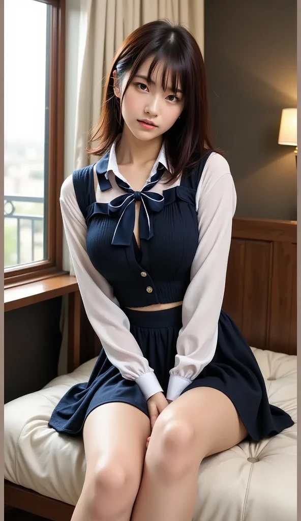 (masterpiece, highest quality, High resolution, Screenshot of, Color, 8k, Realistic), High School Girl Nausicaa, very cute, beautiful girl, clear, , alone, Brown Hair, short hair, Red Gem Earrings, excited, Shining eyes, (Looking at the audience), Perfect body, Cleavage, (Schoolgirl uniform, mini skirt), Perfect beauty, School classroom, (Perfectly detailed anatomy, Beautiful and elaborate face&eye:1.5, Shiny skin, Perfect body)、White underwear、I want to see the whole body