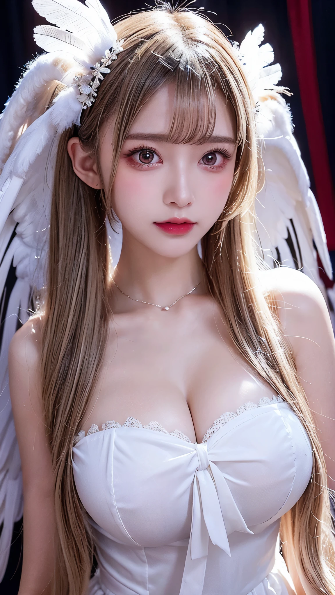 masterpiece, (best quality:1.2), [:intricate details:0.2], 1 woman, big bust, angel, angel wings, white frill, (day sky), sparkling aura, intense concentration, crackling energy, mysterious symbol, sparkling dust,
