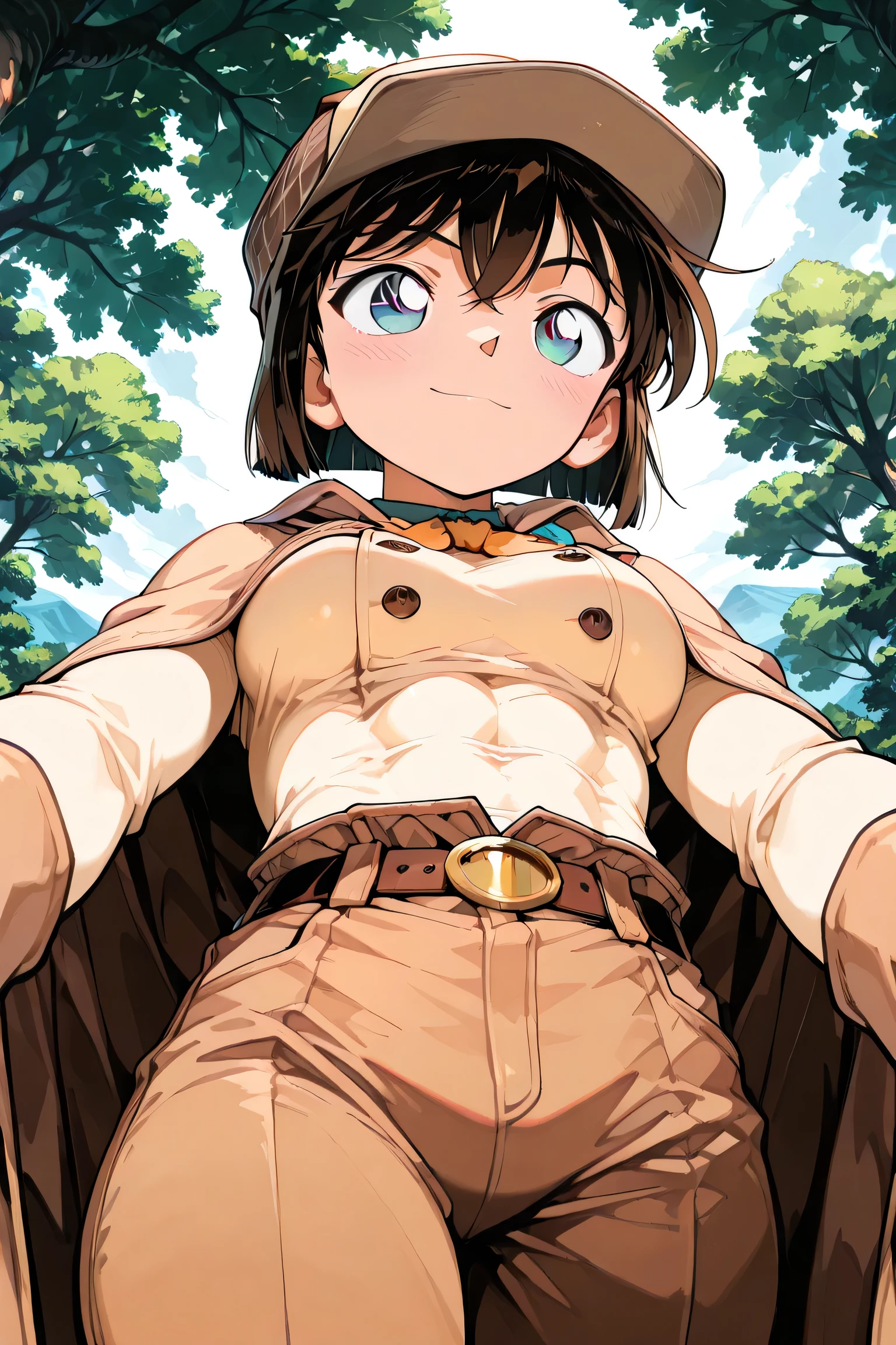 Masterpiece, highest quality, absurd, high resolution, eye reflection, (((masterpiece))), (8K, high resolution), manga, (alternate image), ((one woman, solo)), highly detailed CG, ((highest quality)), (Detective Conan \(style), Detective Conan \(style), Detective Conan), solo, beautiful eyes and detailed face, ((light smile:1.1)), (abs:0.8), ((cowboy shot)), ((one woman, solo)), ((short hair))
One woman, solo, blushing, viewer's perspective, from below, landscape, outdoors,