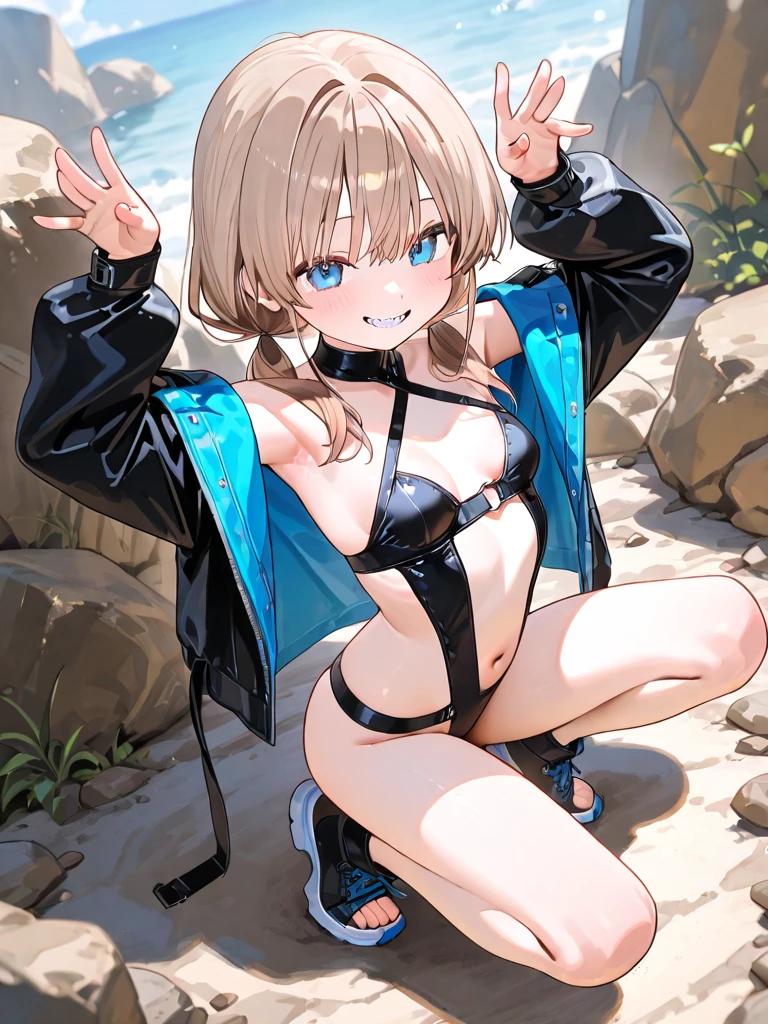(High Leg)、Long gloves、Brown Loafers、Black calf socks、Open your thighs wide to the left and right､Crouch on the ground、((Latex Old School Swimsuit:1.3、sit, Spread your legs:1.3, Put your arms behind your head ))、12 years old、Absurd、Blonde Pigtails、Flat lighting、Elevation、Sexy pose、Highest quality、Complex、Surreal、perspective, Very detailed, Detailed Background, shape、1 girl、alone、Small breasts、A light smile
