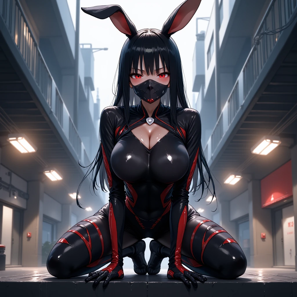 (Best quality, one person, ((masterpiece)), 8k, raw, ((a hot chick young beautyful big girl)), ((detailed face)), (there is a dark cyber city in the background), (good anatomy), her clothes are very torn in several places, detailed eyes, detailed face, (((black white latex with Garter Belts Sexy ))), (((good anatomy))), (big tits), (PUSH UP TITS), (((WEARING A white futuristic mask))), (tits on focus), ((full body)), ((wearing high heels)), ((venom outfit)), white and black spiderman venom, (catwoman), batman, (diablo) , (((horror style background))), wearing a white hood, it is photographed from side, (((she has a big venom face))), (((she looks up))), ((her costume are very torn in several places)), platform heels, sitting, crossed legs, fullbody, ((black carbon robot hands))