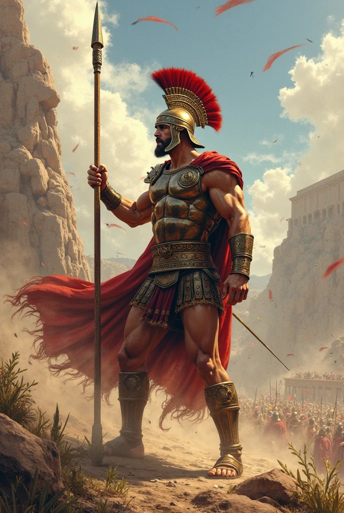 A Spartan carrying a spear is on the battlefield carrying the head of an enemy