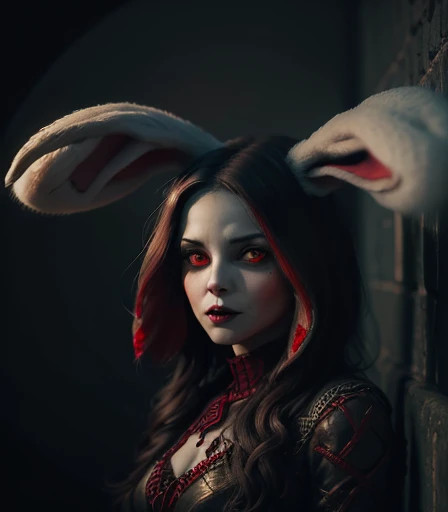 horror movie rabbit, pointy teeth and bloodstains on the fur, scary face full of hate