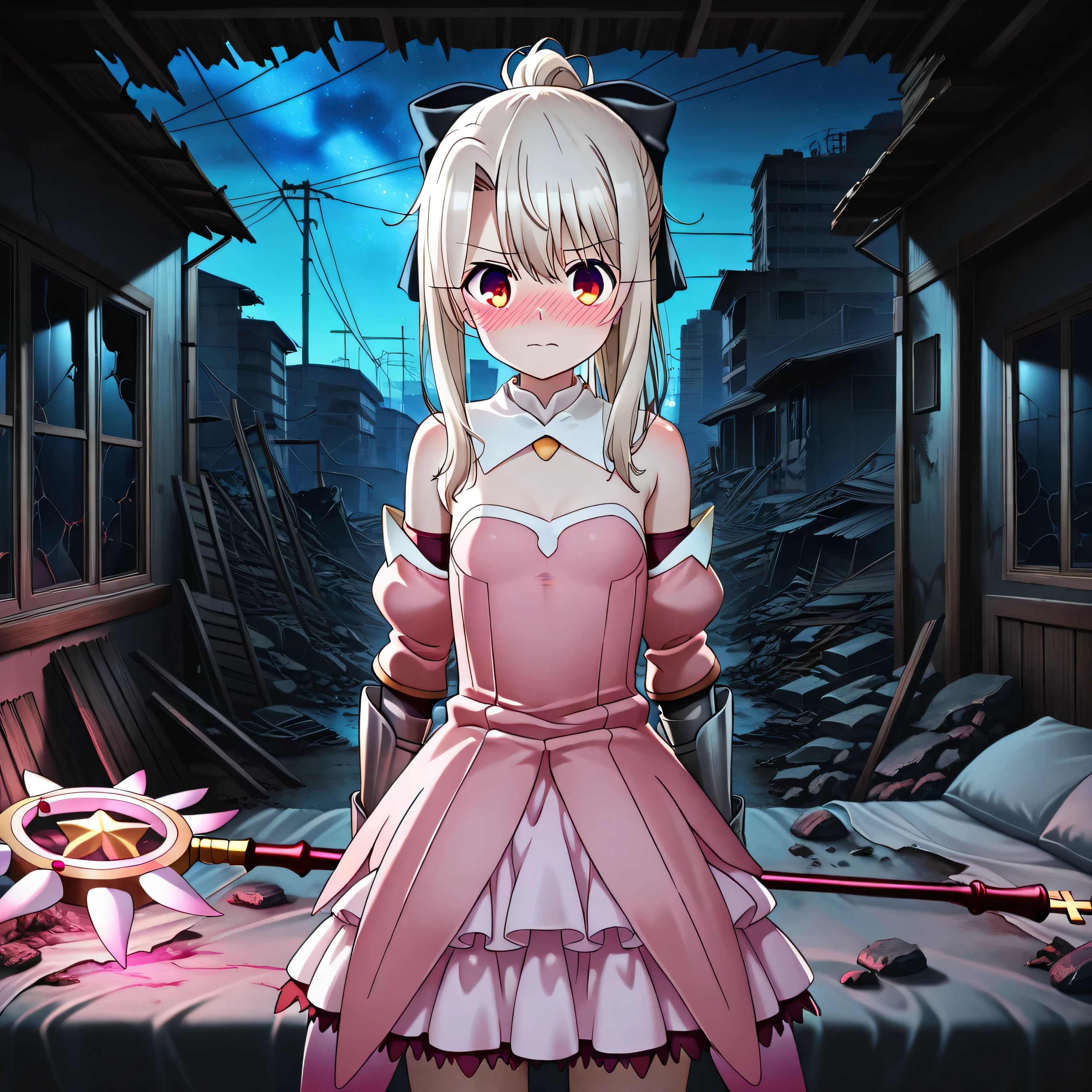 masterpiece, best quality, amazing quality, s1ums, indoors, in bedroom, small room, on broken bed, rubble, dirty, boarded up windows, broken furniture, night, night time, buildings, power lines, urban, rubble, 1girl, solo, aaillya, long hair, blonde hair, ponytail, hair bow, red eyes, detached collar, bare shoulders, strapless, pink dress, armor, detached sleeves, gauntlets, torn clothes, messy hair, shredded tress, white underwear, holding pink magic staff, blushing,