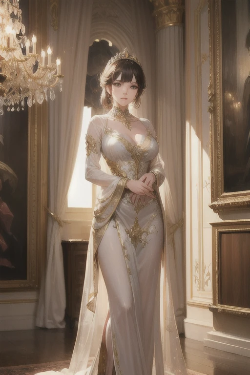 A lady with extraordinary temperament, she stands in a modern indoor space, as if she is a model from a fashion magazine. She is wearing a (pure white long fur cape), the softness and luster of which makes her look more noble under the light, and complements her (beige dress) underneath, showing her gentle temperament while maintaining a sense of fashion. The style of the dress is simple and generous, a perfect match, and it lengthens her figure, making her tall and charming. The lady's makeup is delicate and elegant, which just highlights her facial features and makes people unforgettable at first sight. Although the earrings and necklace she wears are not ostentatious, they add a bit of sophistication and nobility to her overall look. Her hair is casually draped over her shoulders, and every strand of hair exudes a natural luster,, (best quality,8k,highres,masterpiece:1.2),ultra-detailed,(realistic,photorealistic,photo-realistic:1.37),studio lighting,ultra-fine painting,sharp focus,physically-based rendering,extreme detail description,professional,vivid colors
