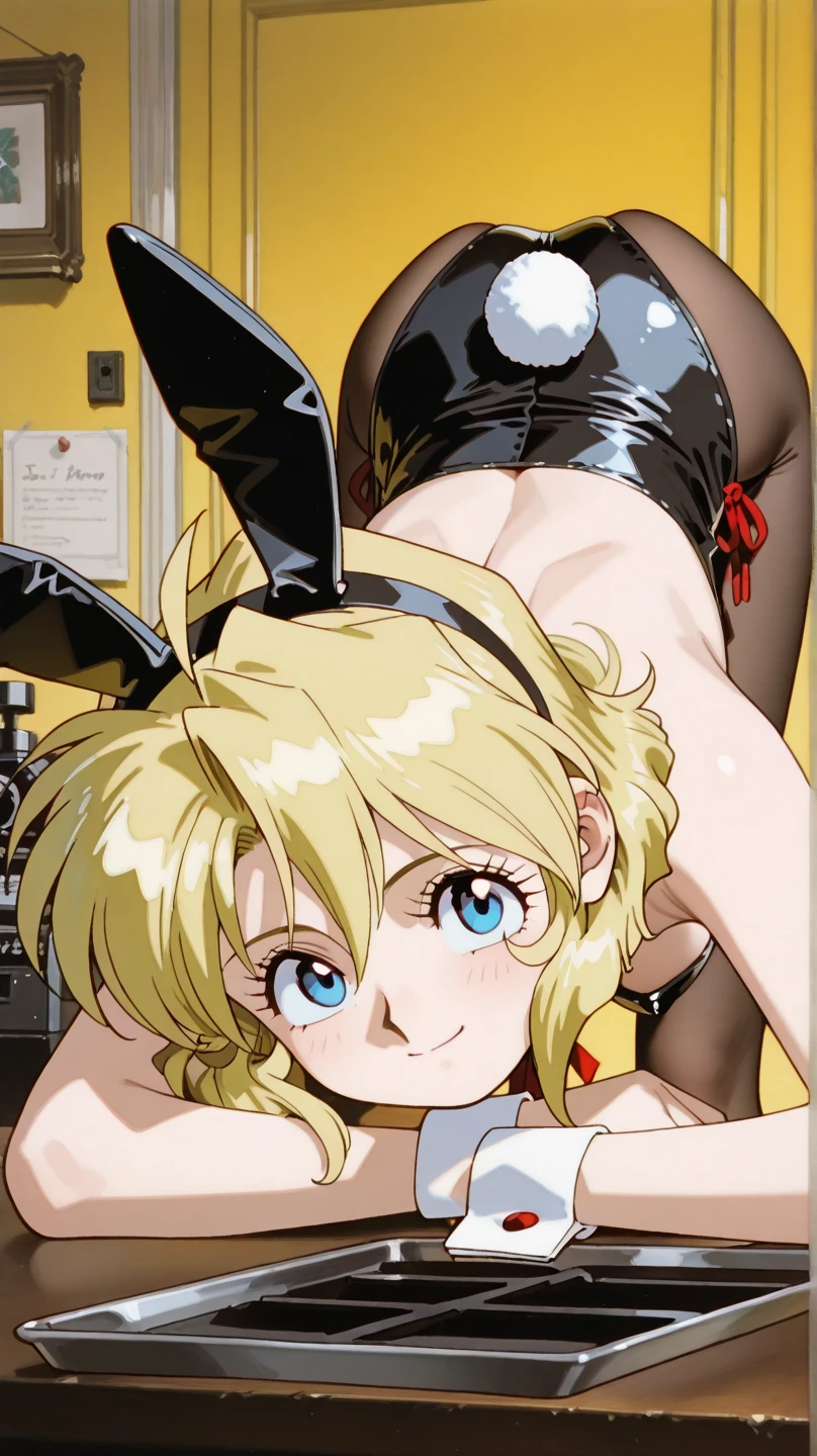 masterpiece, best quality, akane hououji, high resolution, 1 girl, alone, short hair, blonde hair, blue eyes, casino, playboy bunny, bunny ears, smile, legs crossed, sitting, big breasts, medium waist, wide hips , medium thighs, good hands, good anatomy
