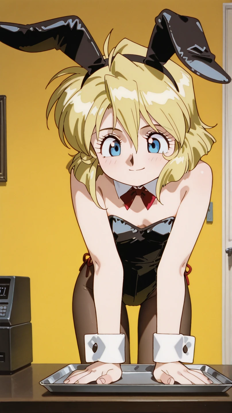 Seras victoria, laying down on table, hellsing ultimate, harness, blue eyes, (((red eyeliner makeup))), ((sadistic grin))), flair cut hair, ass