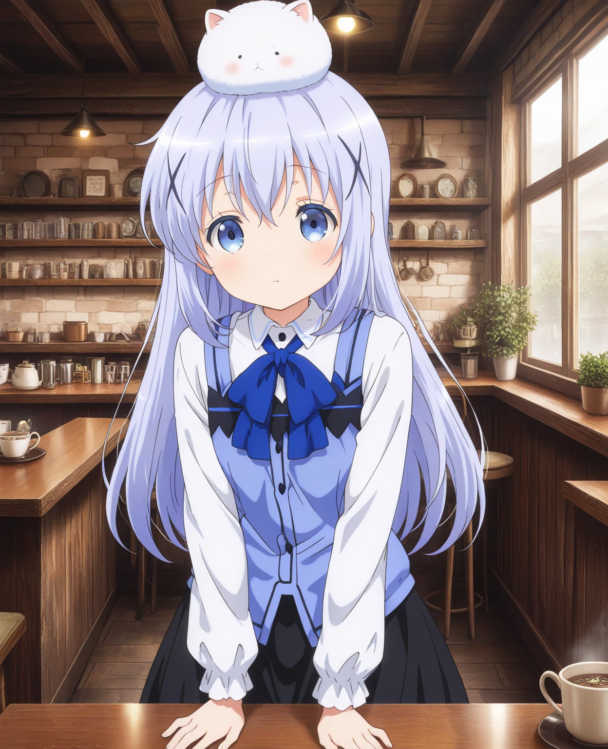 masterpiece, absurdres, highres, newest, 1girl, c-chino, periwinkle hair, blue vest, collared shirt, black skirt, long sleeves, blue bowtie, looking at viewer, indoors, cafe, animal on head, gochiusa,