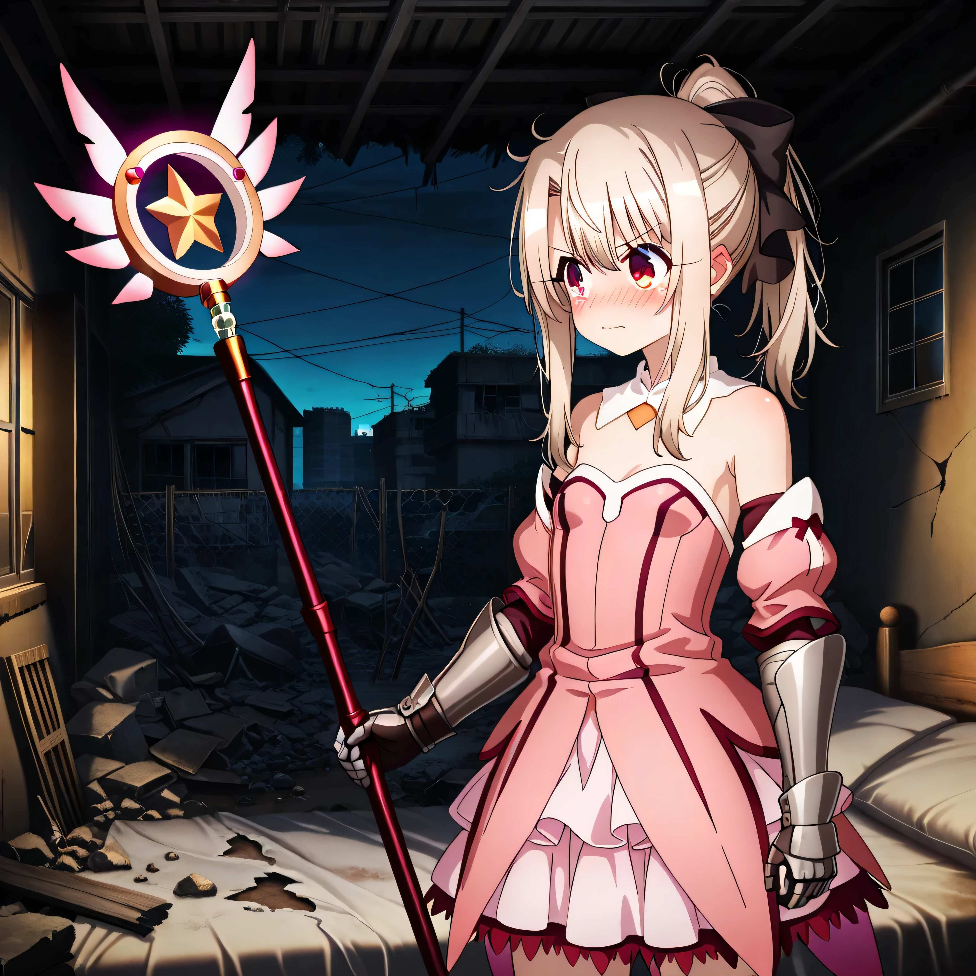 masterpiece, best quality, amazing quality, s1ums, indoors, in bedroom, small room, on broken bed, rubble, dirty, boarded up windows, broken furniture, night, night time, buildings, power lines, urban, rubble, 1girl, solo, aaillya, long hair, blonde hair, ponytail, hair bow, red eyes, detached collar, bare shoulders, strapless, pink dress, armor, detached sleeves, gauntlets, torn clothes, messy hair, shredded tress, white underwear, holding pink magic staff, blushing,