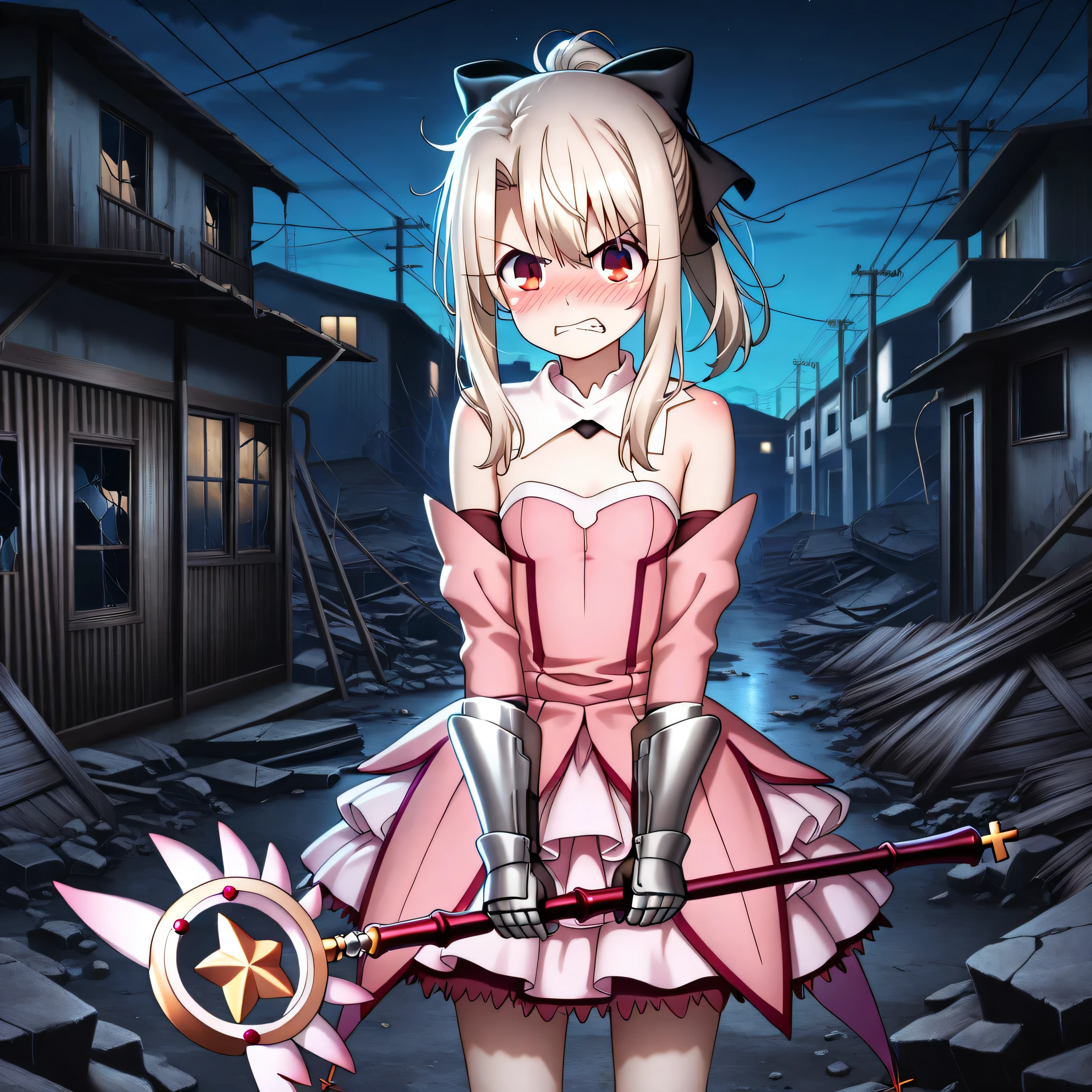 masterpiece, best quality, amazing quality, s1ums, in house, in bedroom, small room, on broken bed, rubble, dirty, boarded up windows, broken furniture, night, night time, buildings, power lines, urban, rubble, 1girl, solo, aaillya, long hair, blonde hair, ponytail, hair bow, red eyes, detached collar, bare shoulders, strapless, pink dress, armor, detached sleeves, gauntlets, torn clothes, messy hair, shredded tress, white underwear, holding pink magic staff, blushing, angry, holding dress up,