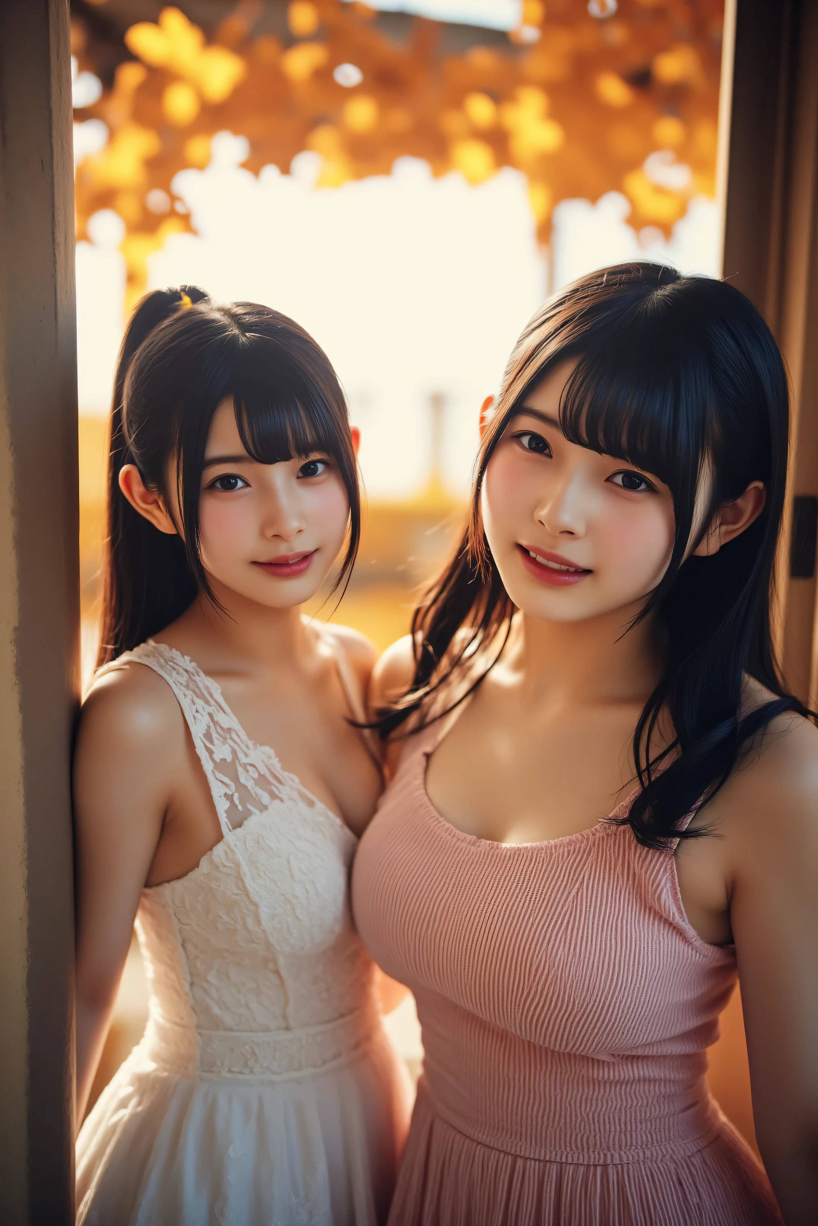 (Best Quality, Masterpiece, Photo realistic, Ultra Detailed, ultra high res, raw:1.3), (breast press), (2girls, pretty, Japanese), (big breasts:1.3), bangs, long hair, naked, (office), hands on hips,