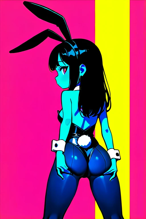 In a vibrant, stylized digital illustration, a miniature catgirl stands amidst a futuristic forest, reminiscent of Masamune Shirow's iconic cyberpunk aesthetic. The beautiful young feline, donning a black dress with a flared skirt and a bright yellow bow, showcases her alluring features. A sleek, slender tail, akin to that of a cat, extends from her back, adding a whimsical touch. Her striking features are accentuated by a subtle glow, as if lit by an otherworldly light. In the background, cybernetic trees and glowing orbs create a futuristic landscape, while the girl's pose exudes confidence and allure, inspired by Anya's charm in Spy x Family. The overall composition, reminiscent of comic book pinups, is a perfect blend of fantasy and science fiction.