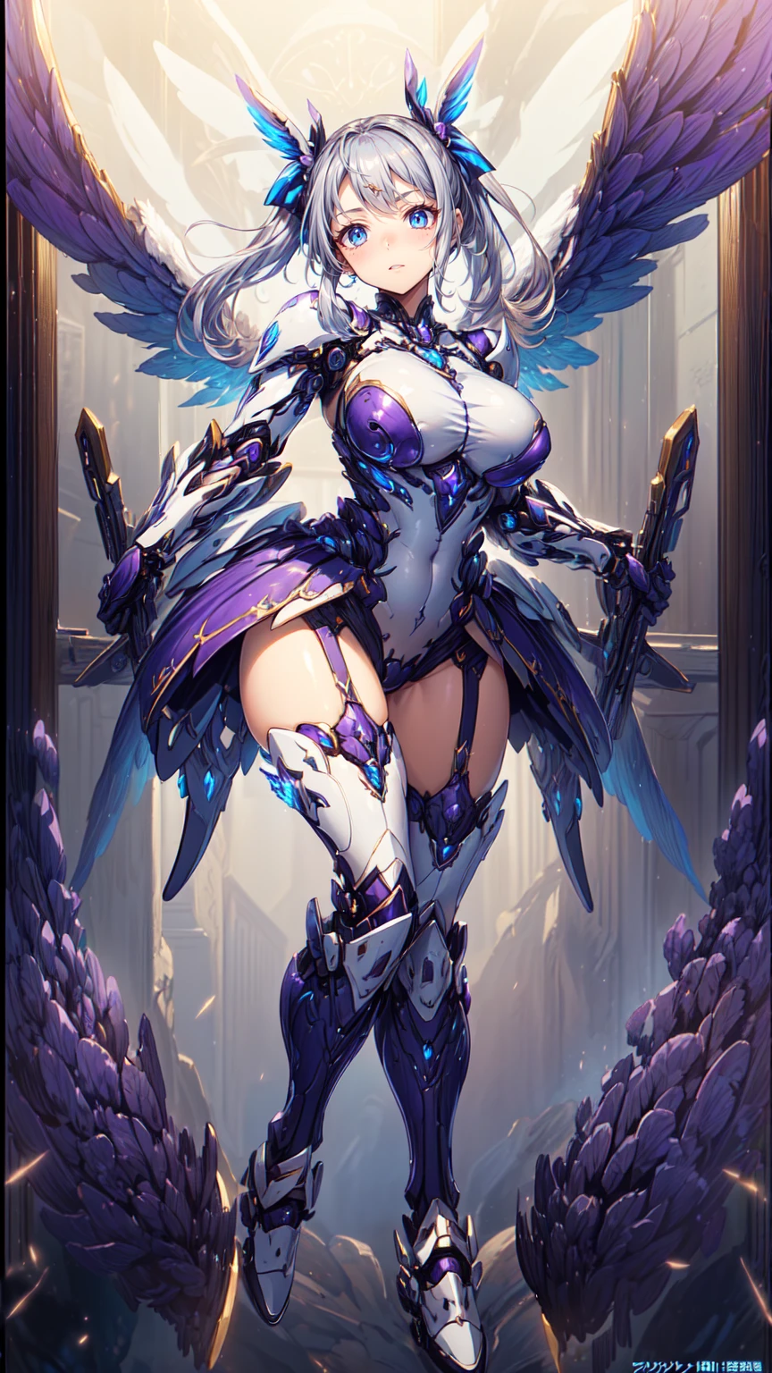 DRAGON BIG HORN ON HEAD, (BUSTY HUGE FAKE BOOBS), (BEAUTIFUL FACE), (WHITE HAIR), (WHITE, PURPLE, GOLD, ARMOR), (PHOENIX ARMORED GEAR), ((A PAIR OF LARGEST PEACOCK DOUBLE WINGS)), SKINTIGHT PHOENIX MECHA LATEX SUIT, (CLEAVAGE), (SKINTIGHT YOGA PANTS), (SEXY LEGS), (LOOKING ON VIEWER), (FULL BODY), ((STANDING POSE)), (SLENDER), (SEXY BODY), (MUSCLE ABS), UHD, 8K, 1080P.