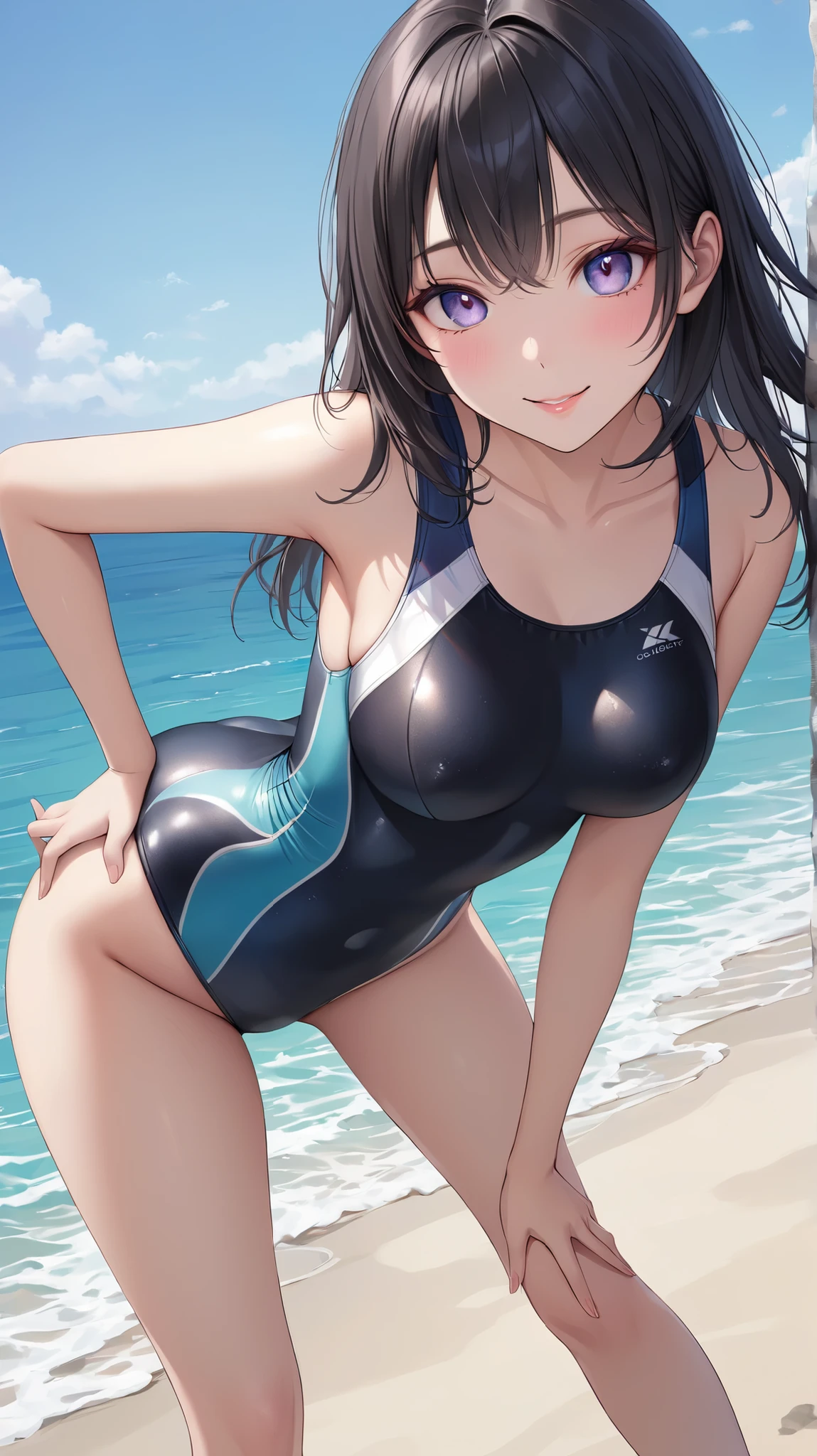 One piece type competitive swimsuit Black Bob Hair Great style blush smile Standing facing forward Up to the knee