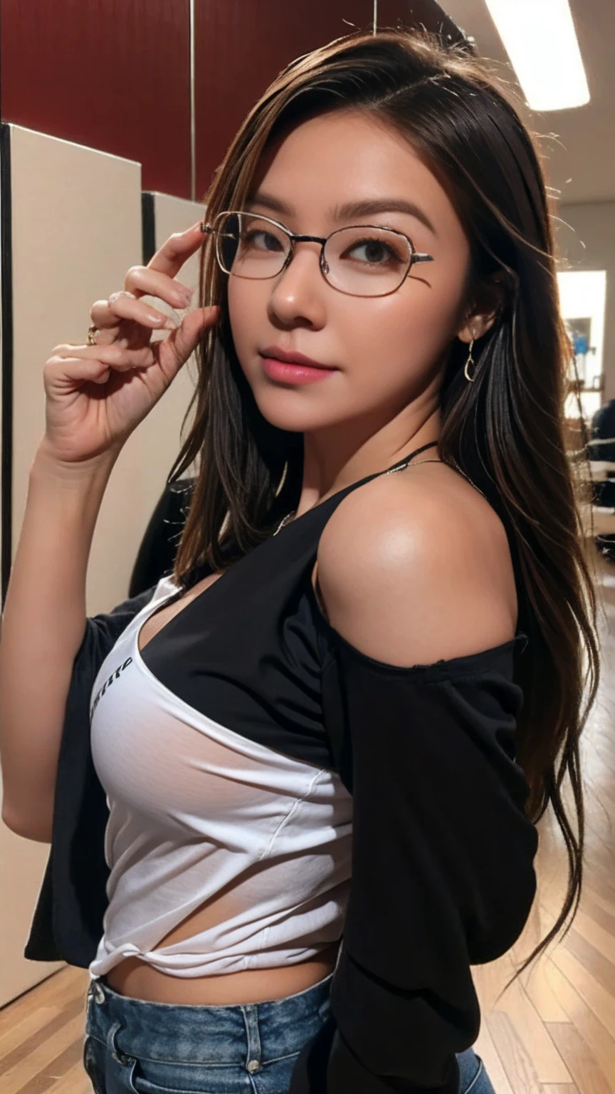 from above,overhead shot,onsen,(lying),(on back),baggy t-shirt,swimsuit,(random Lively pose),(Thin type),(large breasts),(random hairstyle),(Highest image quality, (8K), Ultra-realistic, Best Quality, High quality, High Definition, high quality texture, high detailing, Beautiful detailed, fine detailed, extremely details CG, Detailed texture, realistic representation of face, masterpiece, presence),(wearing glasses:1.5)