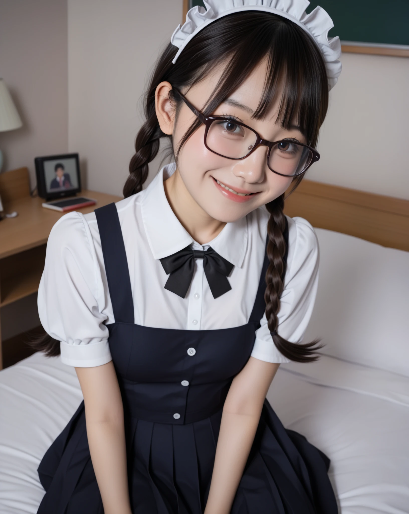 Highest quality、masterpiece、8K、Shirt with buttons and collar、Long pleated skirt with plaid pattern、A bow tie、Navy blue knee socks、high school girl、Big Breasts、Glasses