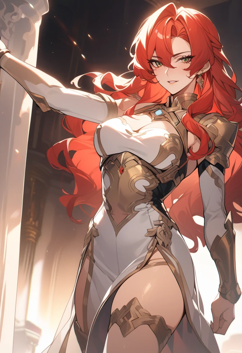 ((best quality)), ((Masterpiece)), (details:1.4), 3d, HDR (high dynamic range), an image of a beautiful cyberpunk female, SLEEK Style, Red hair, White eyes, จมูกโด่ง, ปากแดง, หน้าอกใหญ่, nvidia RTX, PBR surface, After processing, Anisotropic filtration,depth of field, Maximum clarity and clarity, multi-layered surface, Subsurface scattering, perfect proportions, 8K raw files, ความละเอียดสุดยอด, Unreal 5, Perfect proportions, Octane Render, Two-tone lighting, Wide aperture, Low ISO, รายละเอียดดวงตา, Paladin, Light Black armor, Paladin Helmet, jewely, ต่างหู