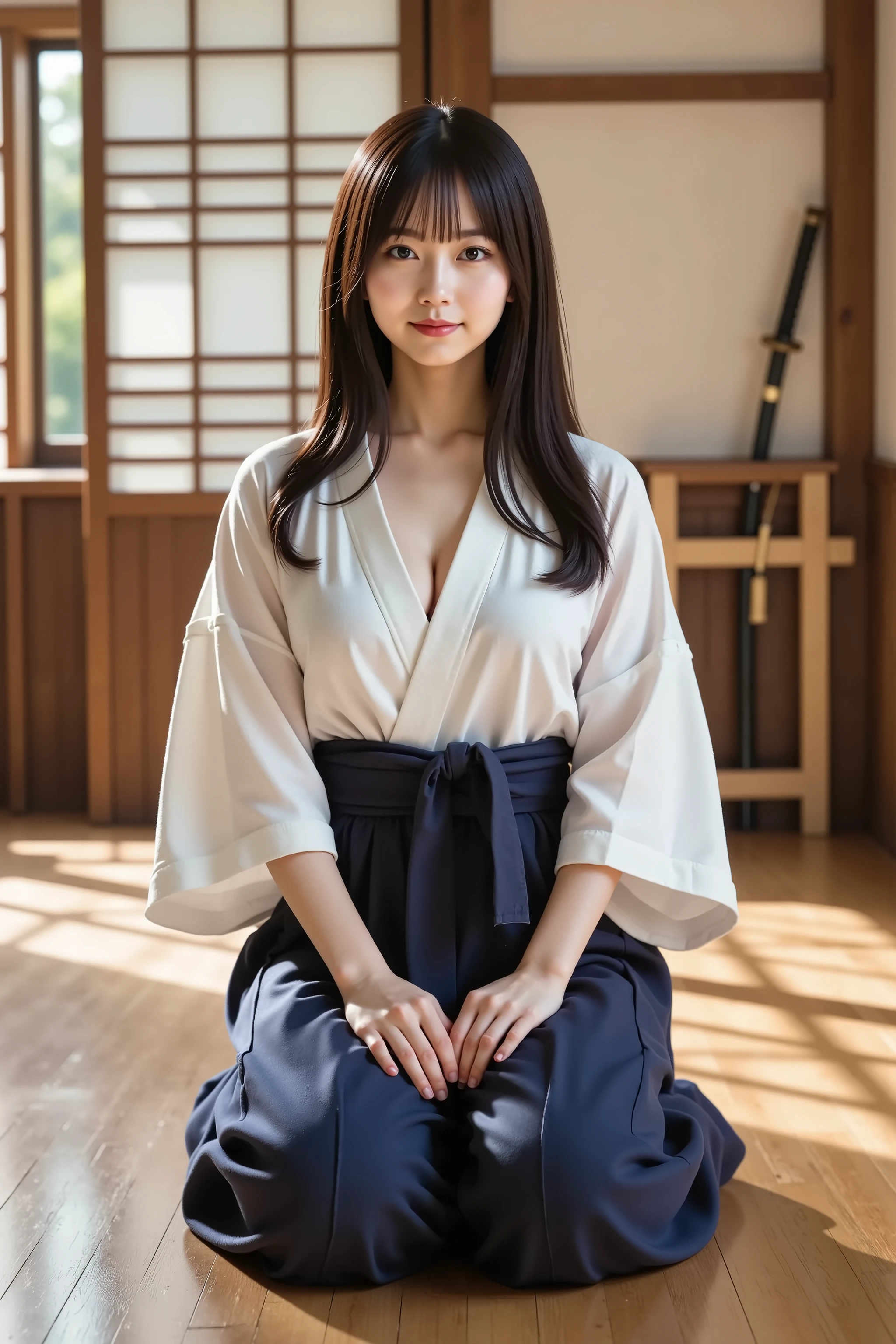 Subject: a slender realistic female with pumped firm full breasts and a wide, deep, boldly emphasized cleavage, wearing an off-shoulder white sarashi wrap tightly bound across her chest to expose her shoulders and accentuate the bust, paired with a pleated navy hakama tied at the waist with a simple knot and cascading in soft folds around her legs, each hair strand rendered in photorealistic detail as her long straight dark hair falls over her shoulders and fans across the polished wood floor, a few loose strands framing her face and catching the light; Medium: digital art; Style: photorealistic cinematic; Composition: full-body frontal three-quarter view at eye level capturing her kneeling in seiza on a glossy dojo floor with feet tucked beneath her, her spine perfectly straight, shoulders drawn back to thrust her chest forward and highlight her cleavage, her hands placed lightly on her thighs with fingers gently splayed, head tilted subtly forward with a steady calm gaze meeting the viewer, shallow depth of field isolating her against a traditional martial arts hall background featuring wooden pillars, sliding shoji doors with translucent paper panes, and a rack of bokken swords resting against the wall; Lighting: soft ambient light filtering through high windows creating warm highlights on her collarbones, the curving planes of her breasts, and the crisp pleats of her hakama, with faint dust motes visible in the beam; Color Palette: warm neutral wood tones contrasted with stark white sarashi and deep navy hakama; Mood: disciplined, serene, quietly powerful atmosphere conveying focus and inner strength