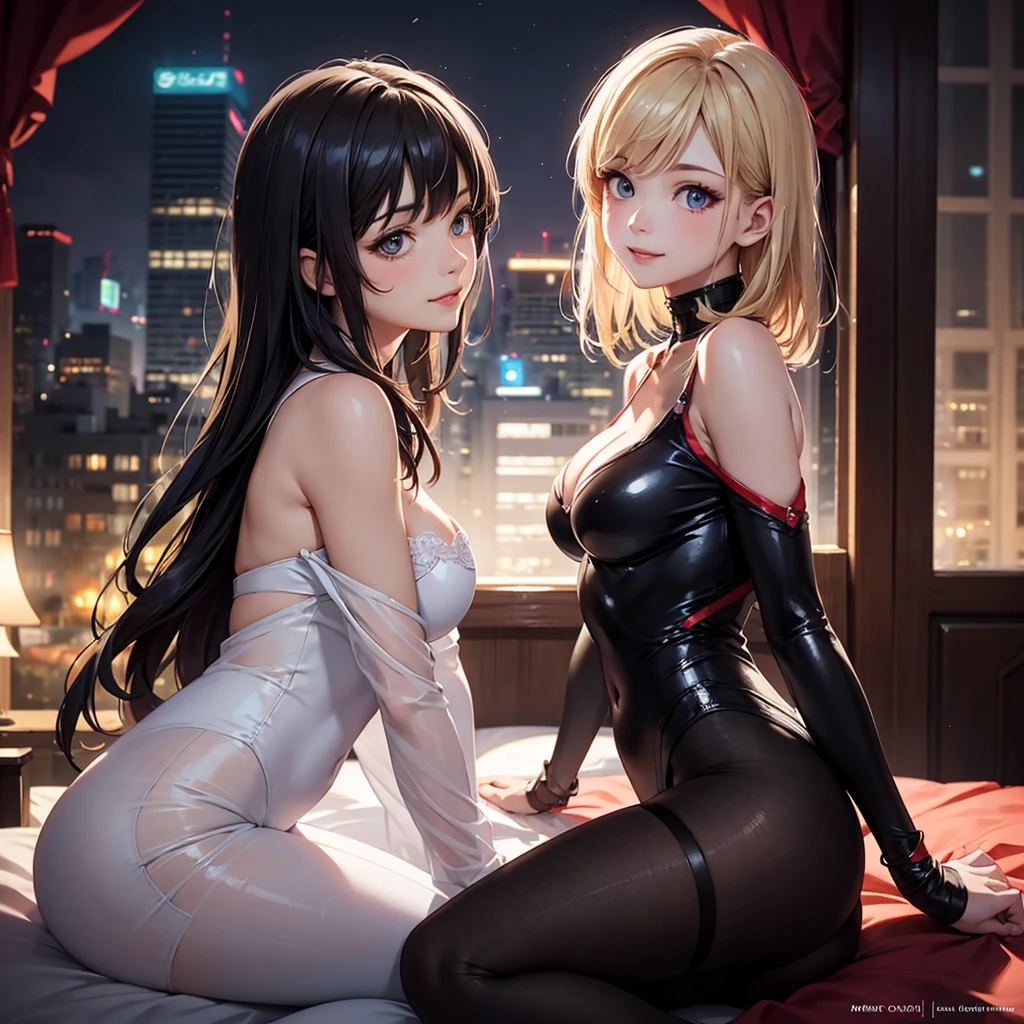 It's two women in gala attire lying on a bed, anime. soft lighting, duas lindas garotas de anime, garotas de anime, Wlop e Sakimichan, anime fotorrealista, pose sexy, menina anime sedutora, Estilo anime 3D realista, estilo realismo anime, 3 d anime realista, Nixeu e Sakimichan, meninas descansando, (((hands in butt)))
