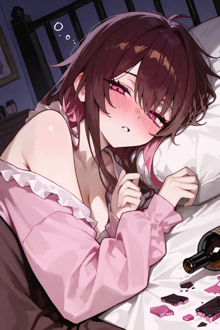 Spotty girl、barechested、Covered in body fluids、Dog Pose、Chewing sausages、a bed